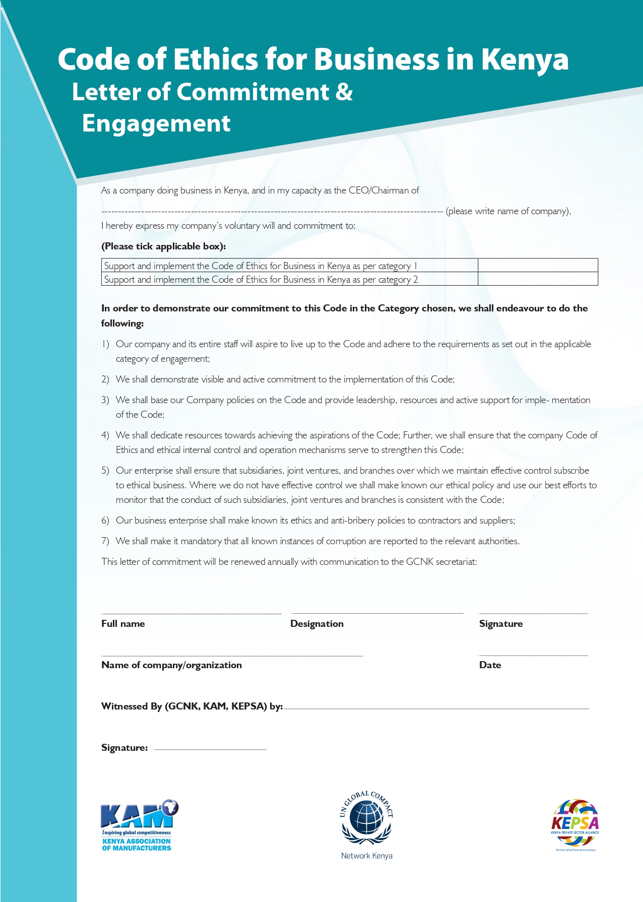 CEO Commitment Letter: Code of Ethics for Business in Kenya